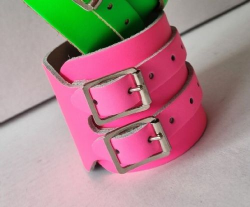 Leather Two Strap Wrist Band Brace Support - Gym Weight Lifting Wrap - Various Colours (Fluorescent Pink)